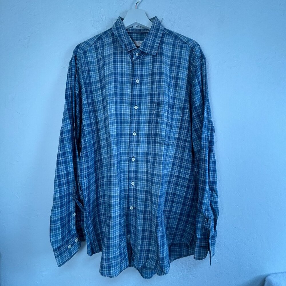 Peter Millar Mountainside Mens Large Blue Plaid Long Sleeve Button-Down Shirt